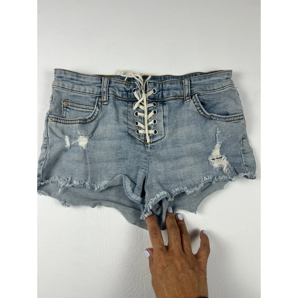 Billabong Womens Denim Shorts 24 Light Wash Lace Up Distressed Festival